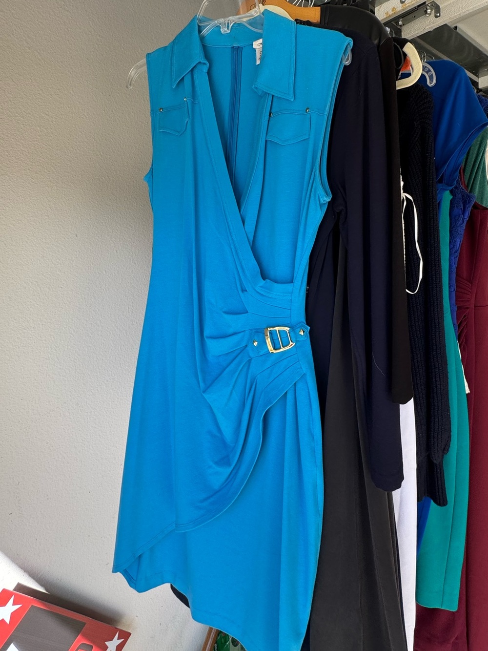 Cache Turquoise Sleeveless Asymmetrical Draped Dress with Belt